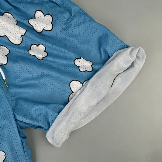 Anime Streetwear Blue Casual Shorts, One Piece Luffy Cloud Mesh Shorts,Summer Breathable Custom Shorts for Men and Women