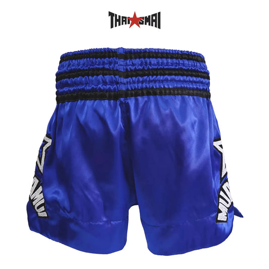 Thaismai Thai Boxing Shorts Blue Satin | Red Bull Design | Authentic Muay Thai Trunks | Lightweight Training & Fight Wear