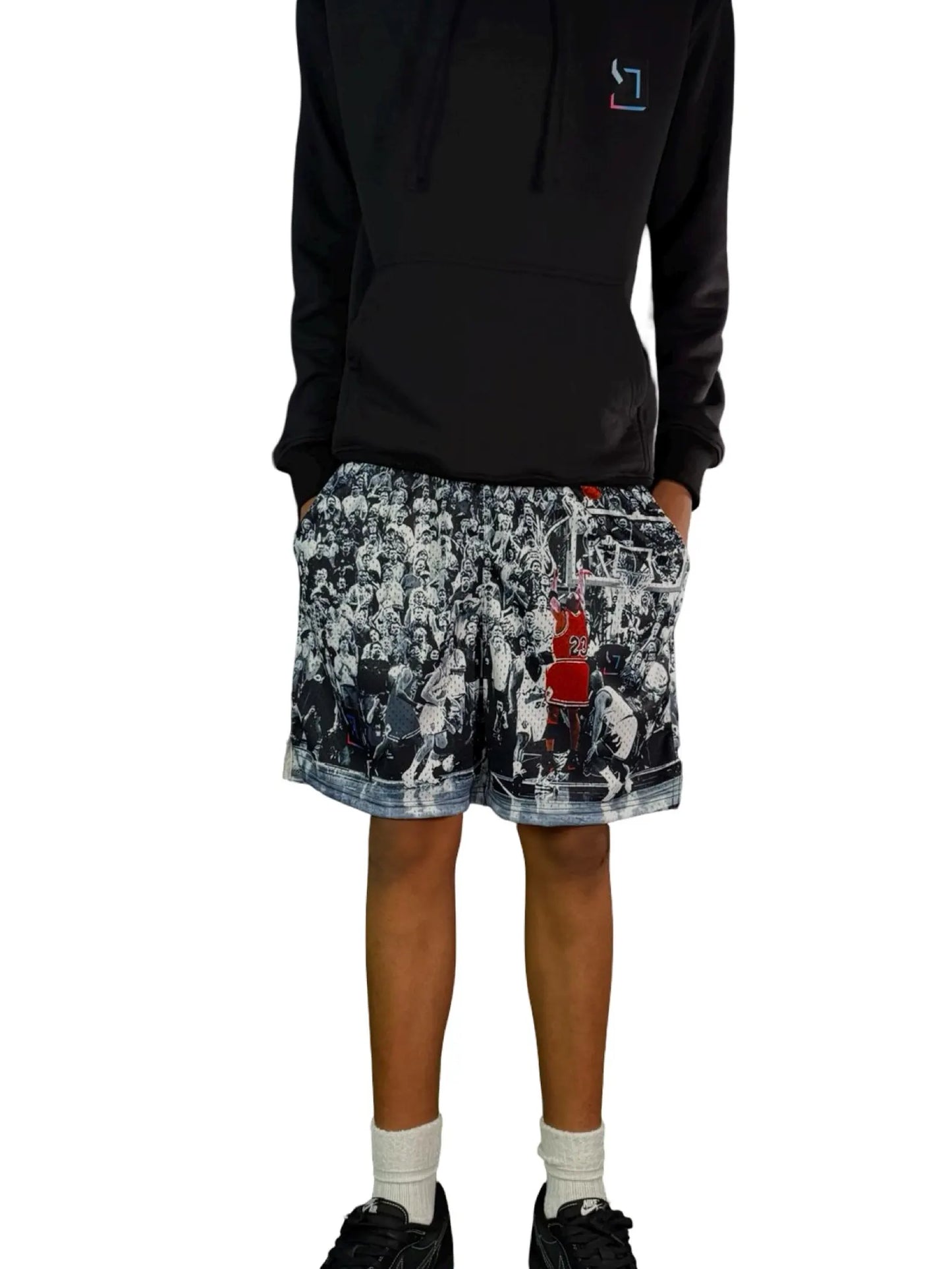 Game Winner Graphic Black and White Mesh Basketball Shorts