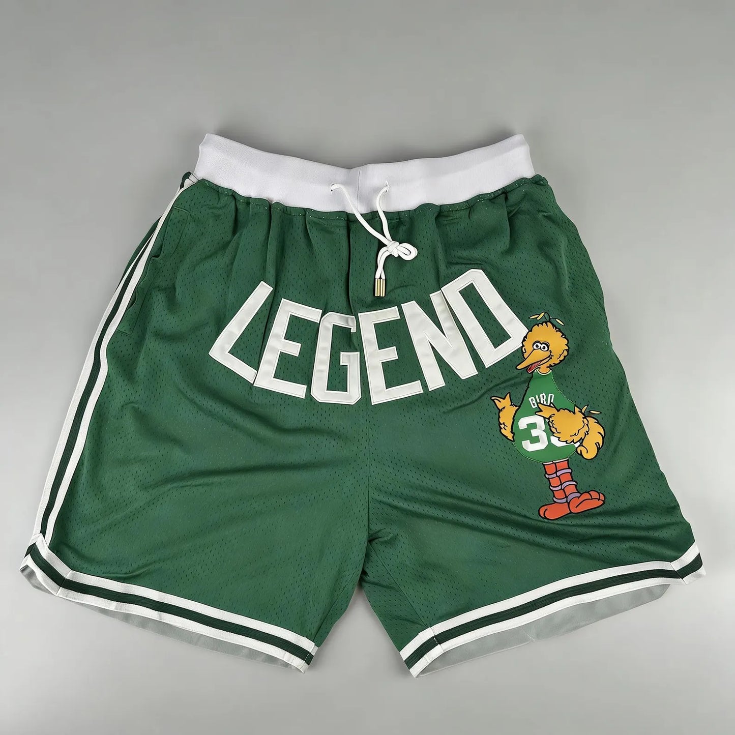 Legend Big Bird 3 Basketball Shorts, Green Mesh Athletic Shorts, Retro Streetwear Sports Shorts