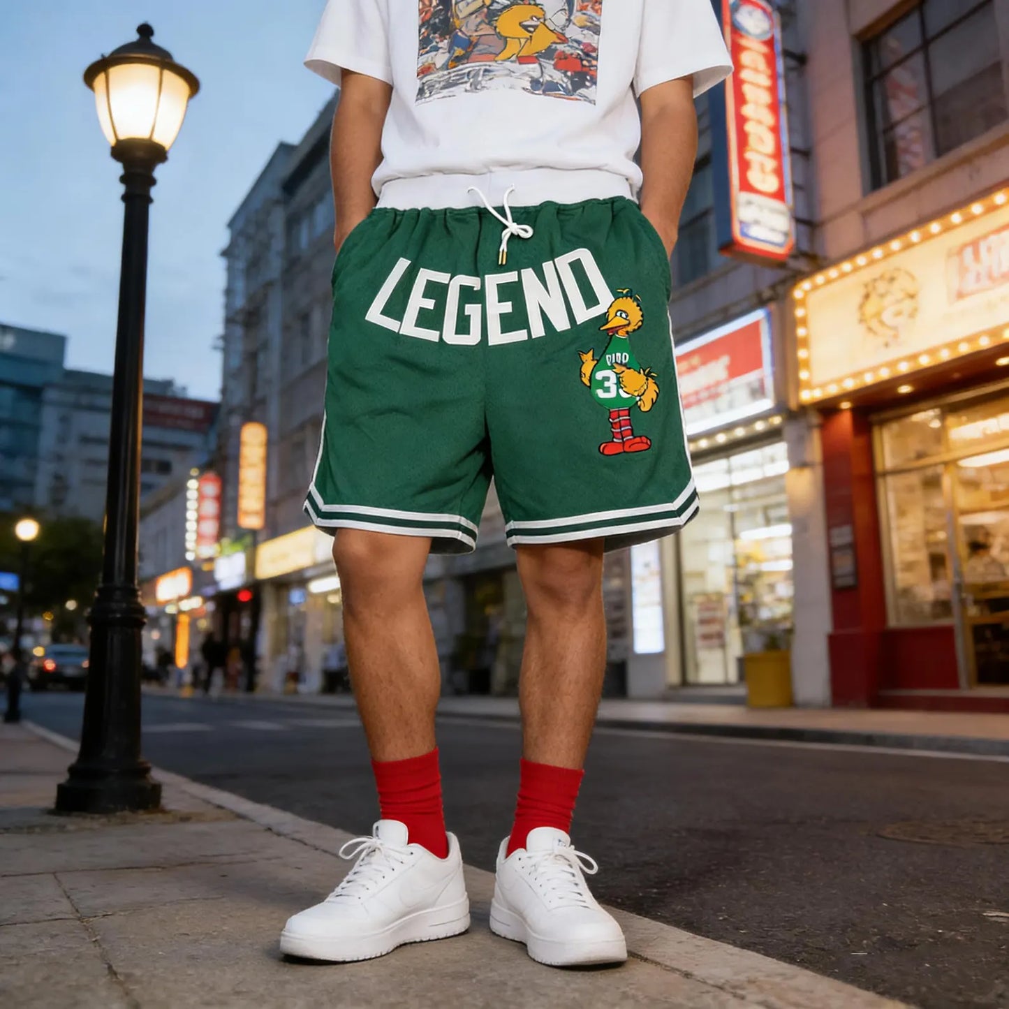Legend Big Bird 3 Basketball Shorts, Green Mesh Athletic Shorts, Retro Streetwear Sports Shorts