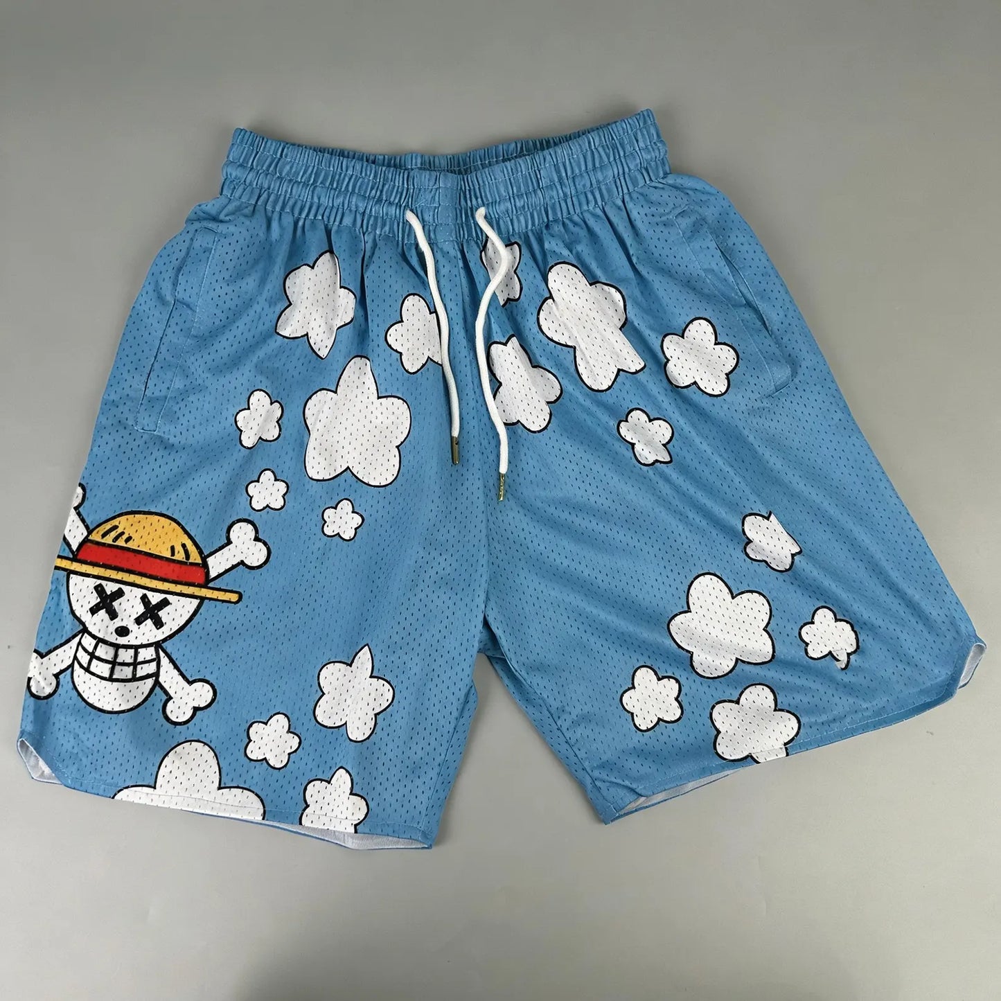 Anime Streetwear Blue Casual Shorts, One Piece Luffy Cloud Mesh Shorts,Summer Breathable Custom Shorts for Men and Women