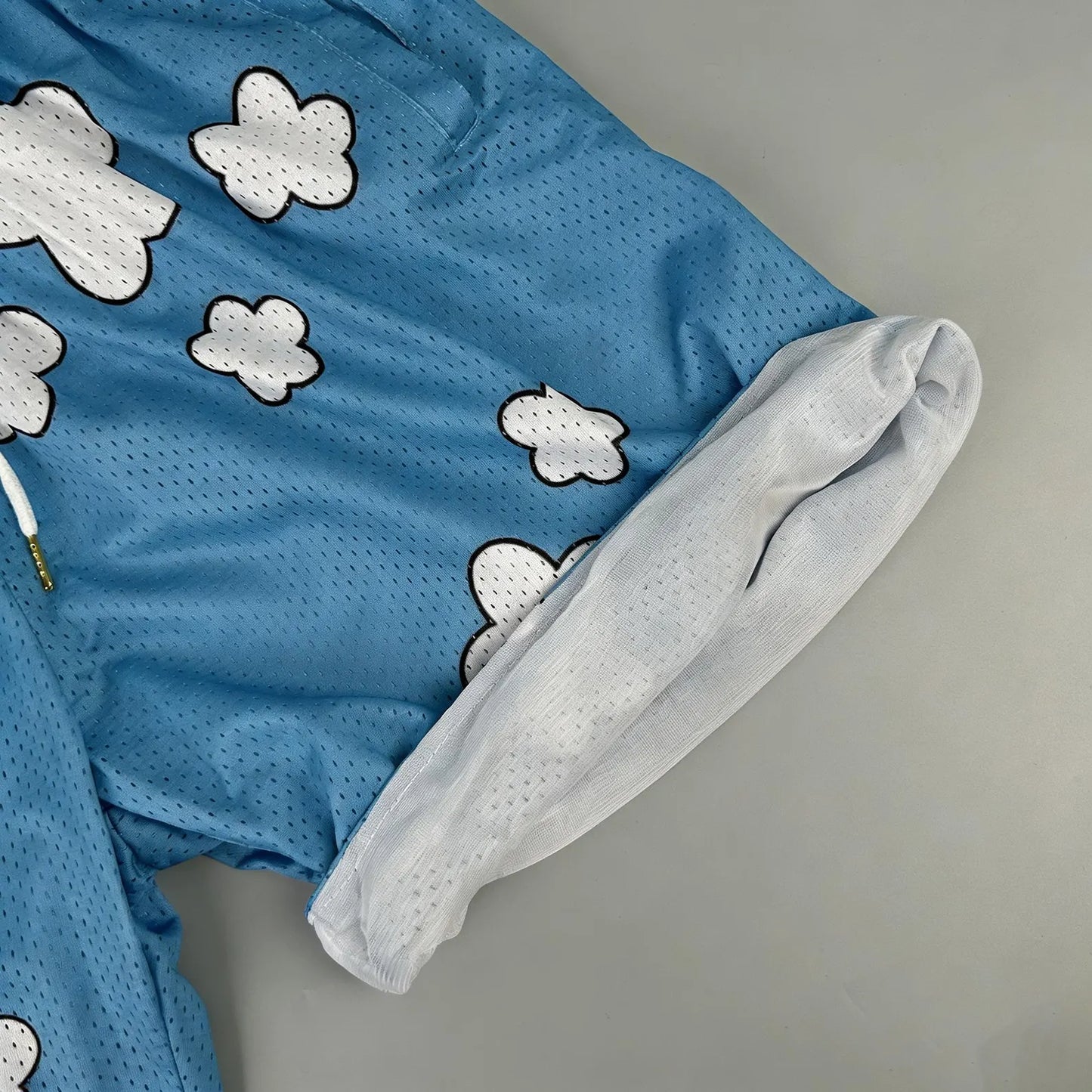 Anime Streetwear Blue Casual Shorts, One Piece Luffy Cloud Mesh Shorts,Summer Breathable Custom Shorts for Men and Women
