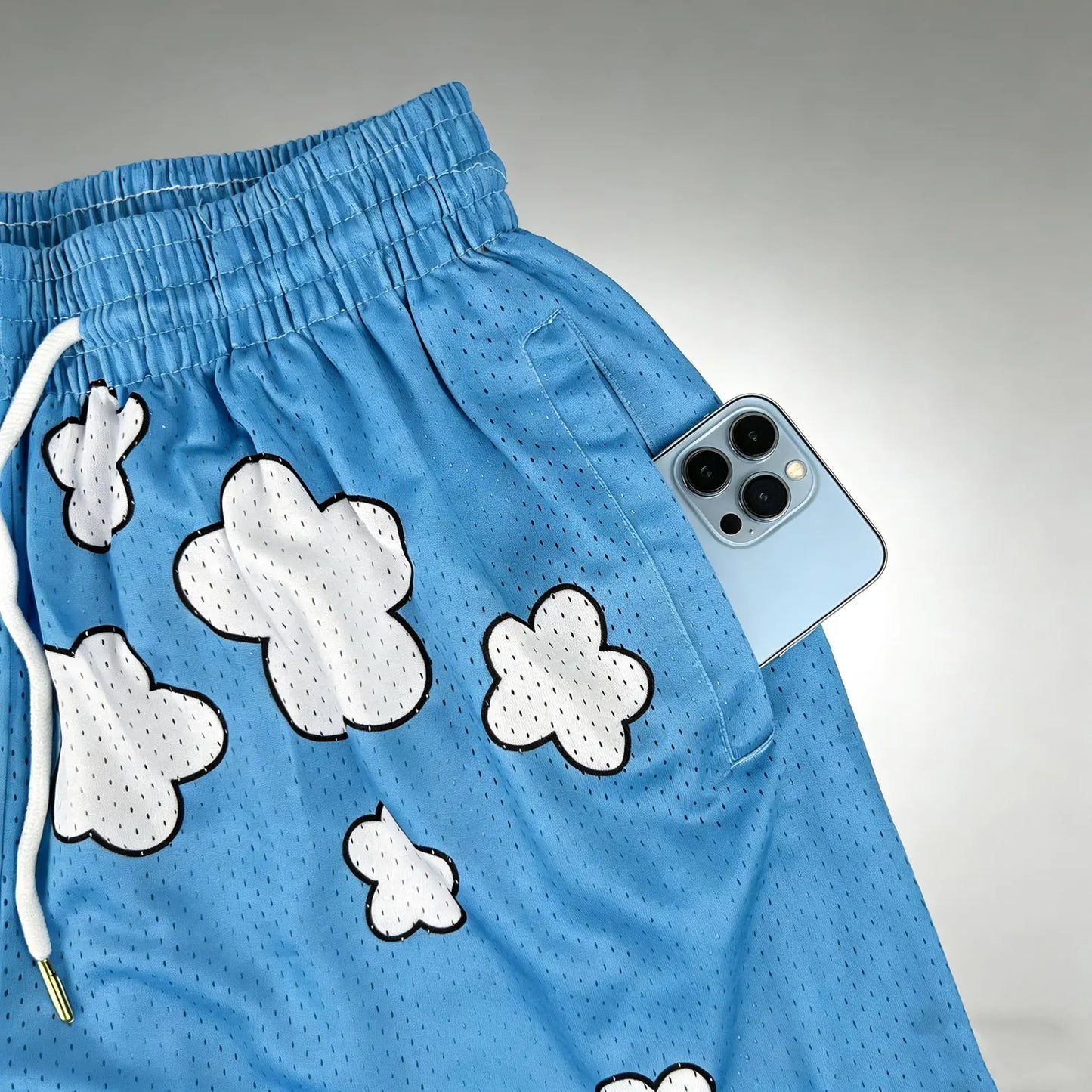 Anime Streetwear Blue Casual Shorts, One Piece Luffy Cloud Mesh Shorts,Summer Breathable Custom Shorts for Men and Women