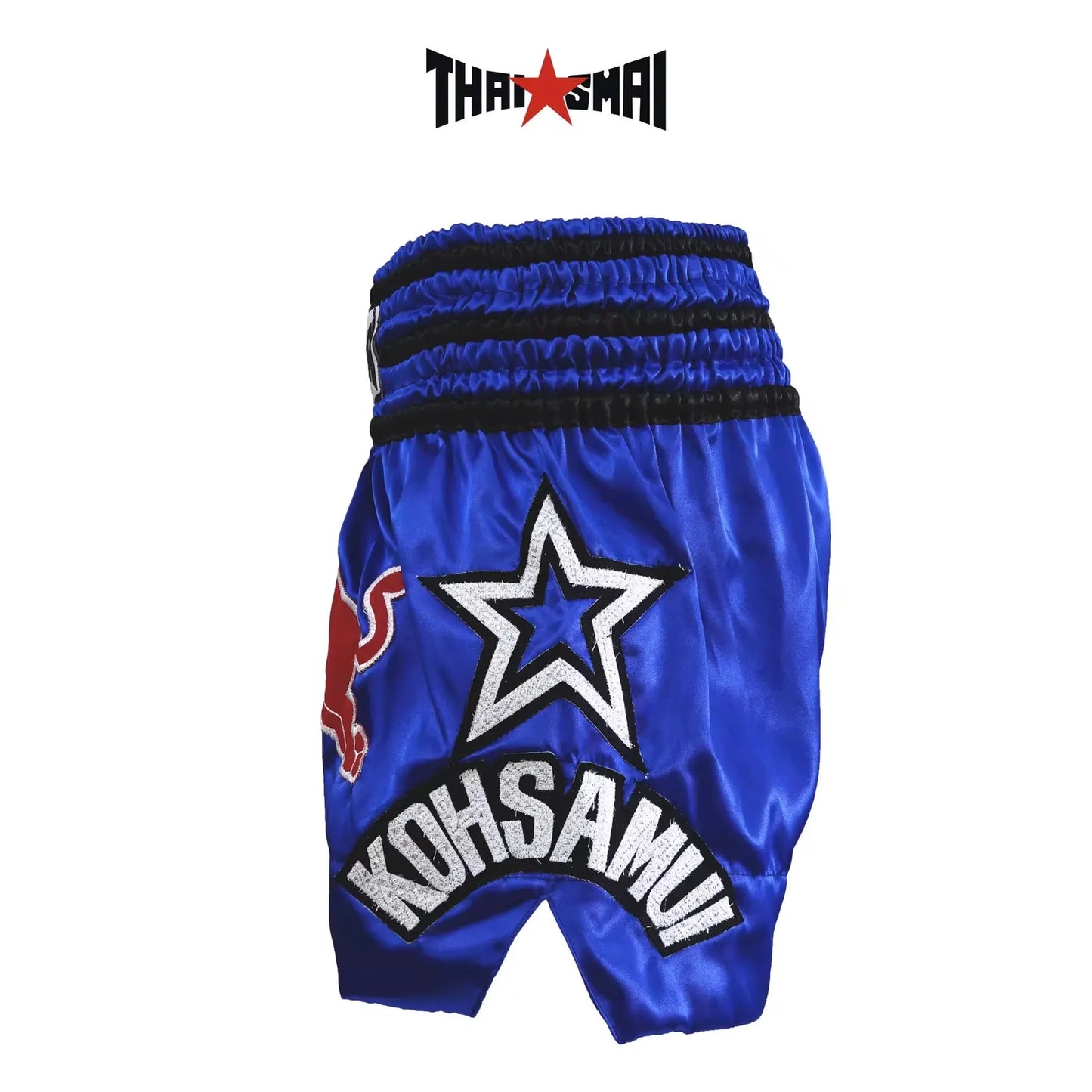 Thaismai Thai Boxing Shorts Blue Satin | Red Bull Design | Authentic Muay Thai Trunks | Lightweight Training & Fight Wear