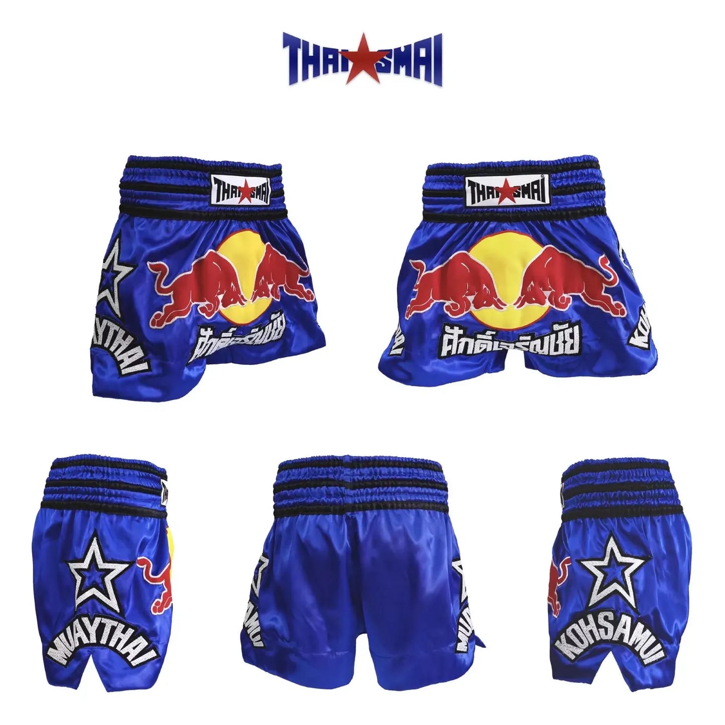 Thaismai Thai Boxing Shorts Blue Satin | Red Bull Design | Authentic Muay Thai Trunks | Lightweight Training & Fight Wear
