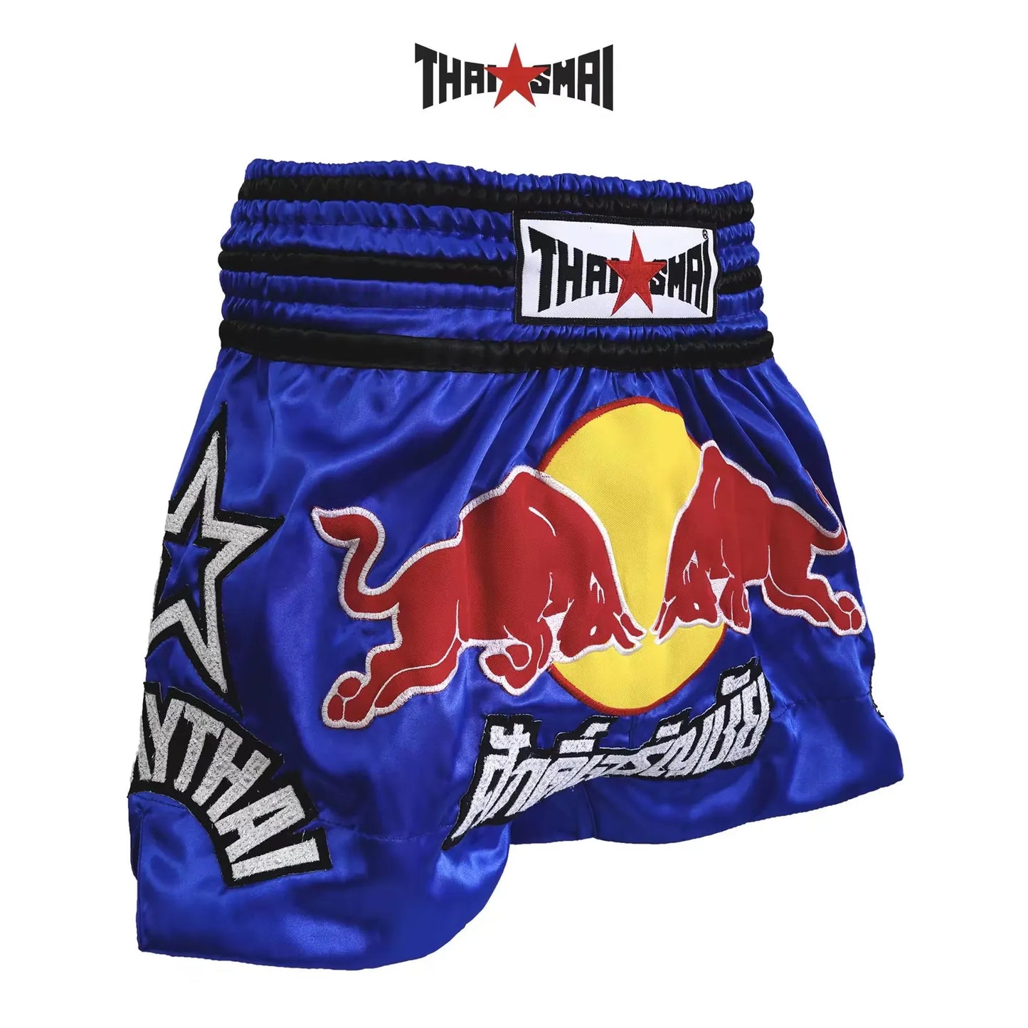 Thaismai Thai Boxing Shorts Blue Satin | Red Bull Design | Authentic Muay Thai Trunks | Lightweight Training & Fight Wear