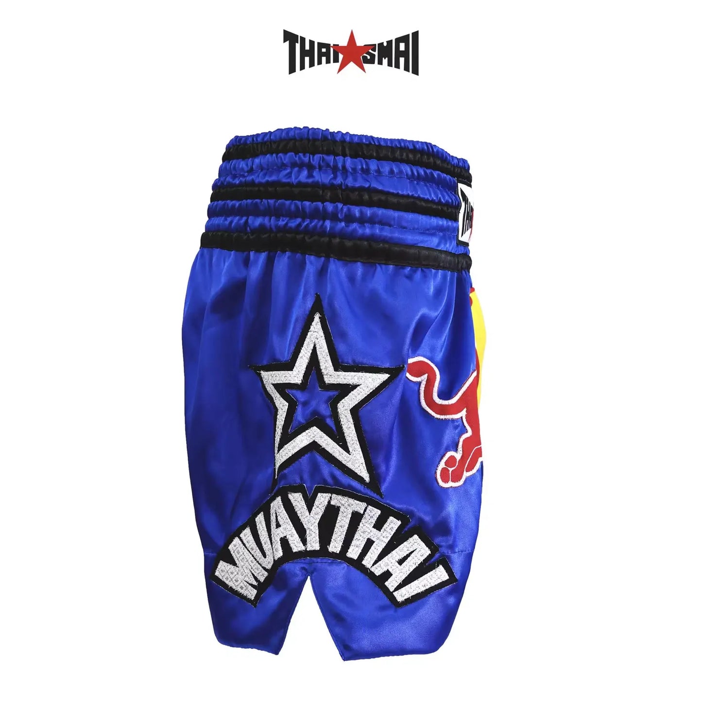 Thaismai Thai Boxing Shorts Blue Satin | Red Bull Design | Authentic Muay Thai Trunks | Lightweight Training & Fight Wear